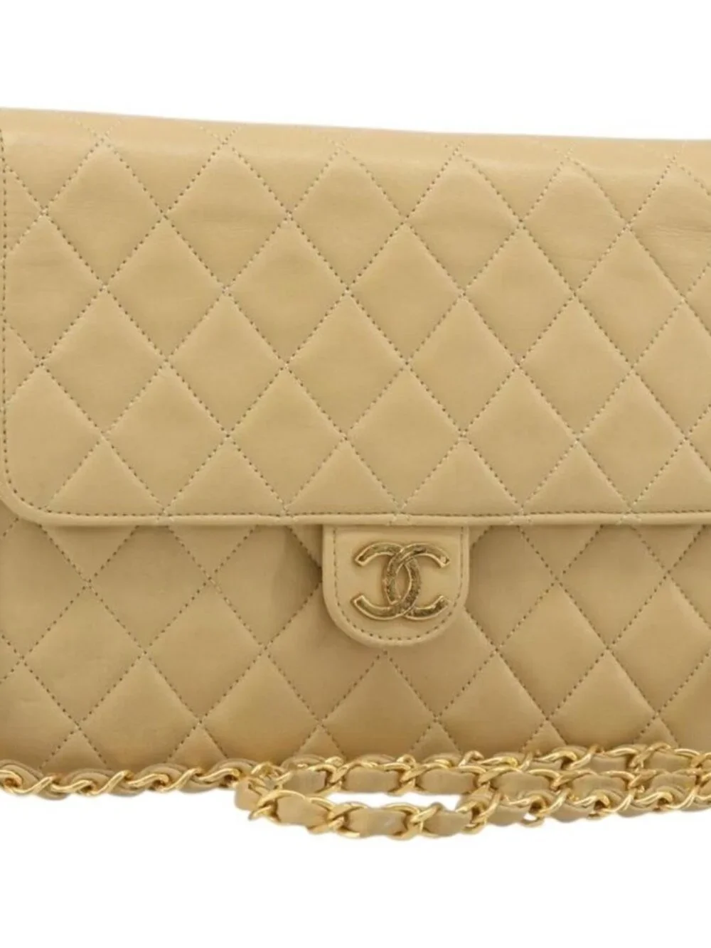 CHANEL Matelasse Chain Shoulder Bag Lamb Skin Beige Gold CC Auth 188721